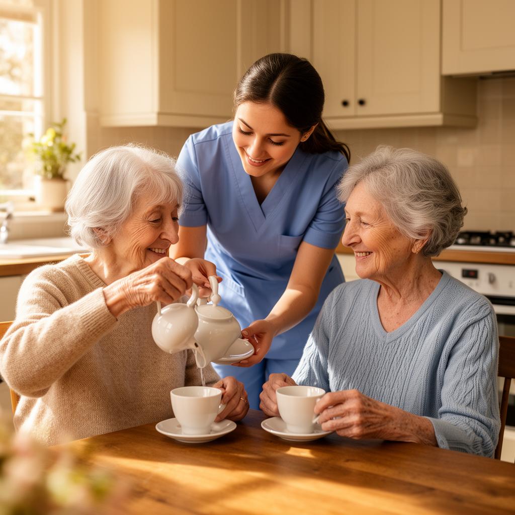 Caregiver assisting elderly lady at home